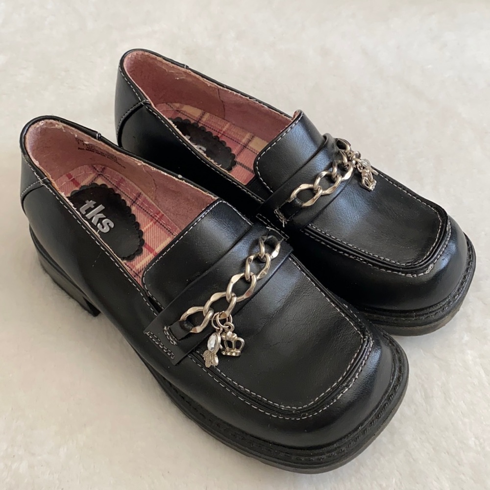 tks | Y2K Tyra Chunky Heel Loafer Chain Rhinestone Charm Shoe Academia Black 12